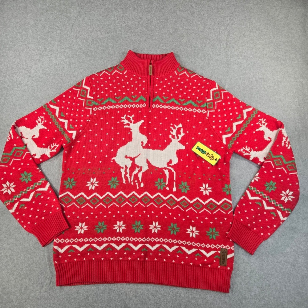 Tipsy Elves Mens Red Reindeer Fair Isle Quarter Zip Christmas Sweater Large NWT